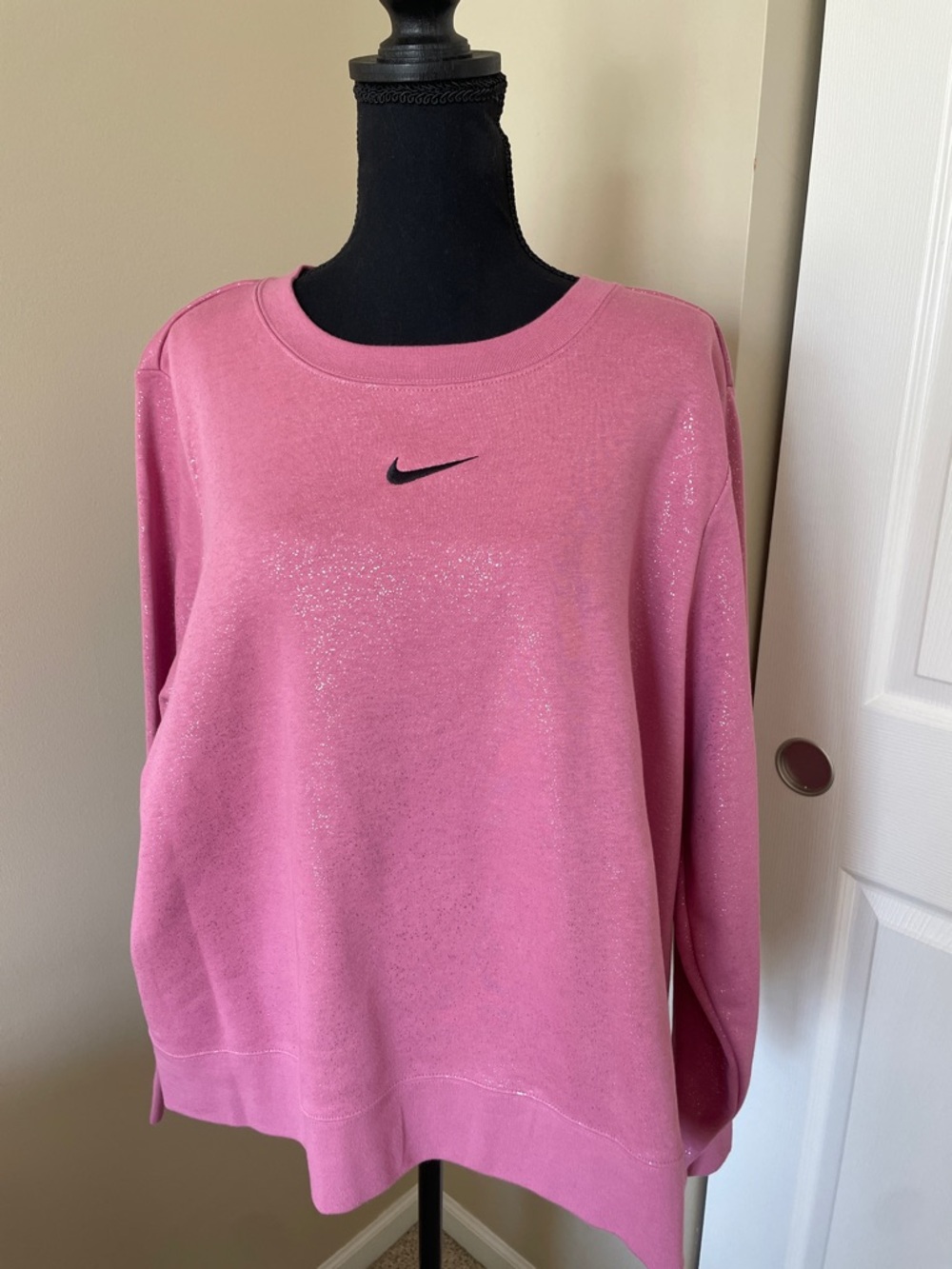 Nike Pink Glitter Pullover Sweatshirt with Black Swoosh